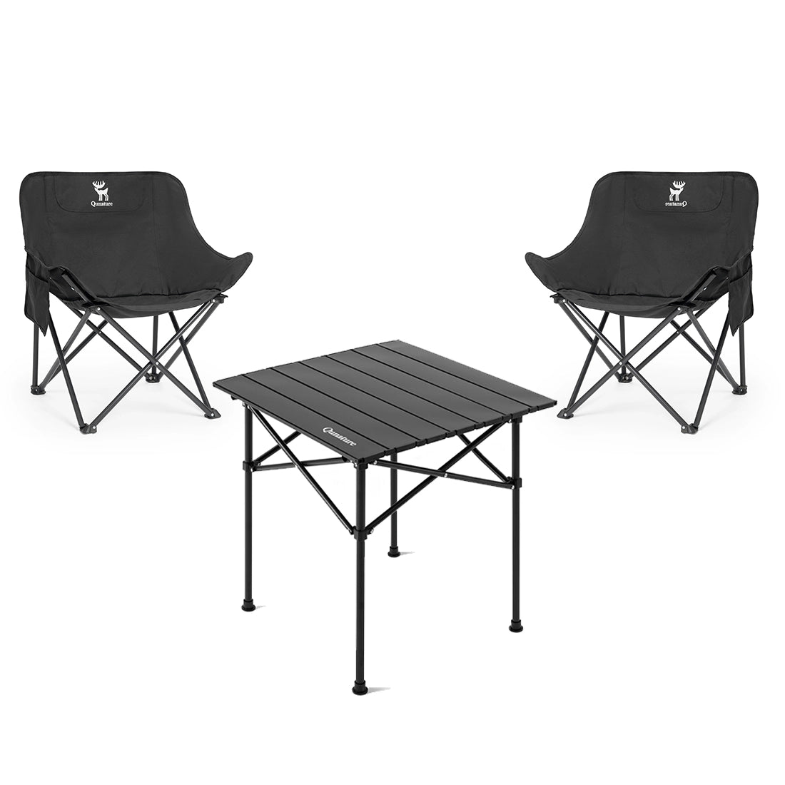 Two black camping chairs and a small table on a white background