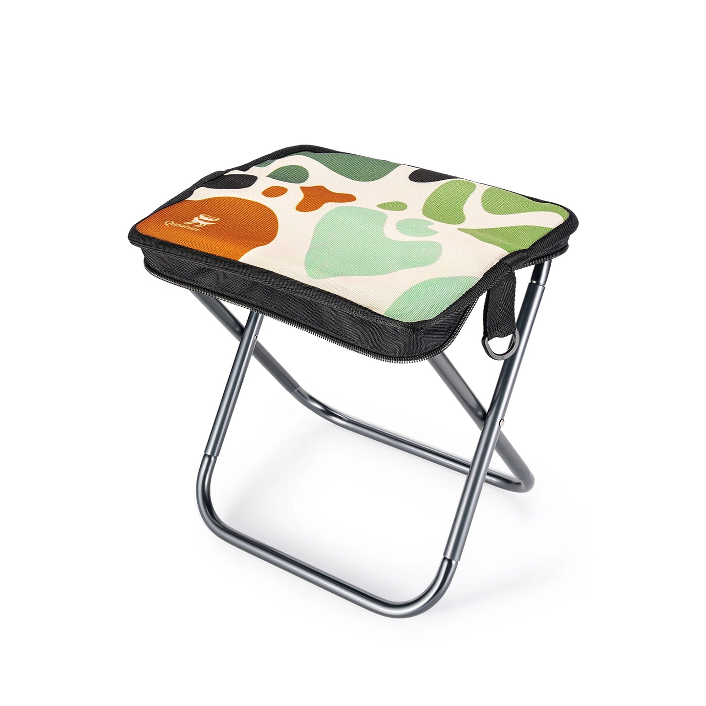 A portable folding camp stool with a black metal frame and a cushioned seat featuring an abstract organic pattern in green, orange, black, and cream.