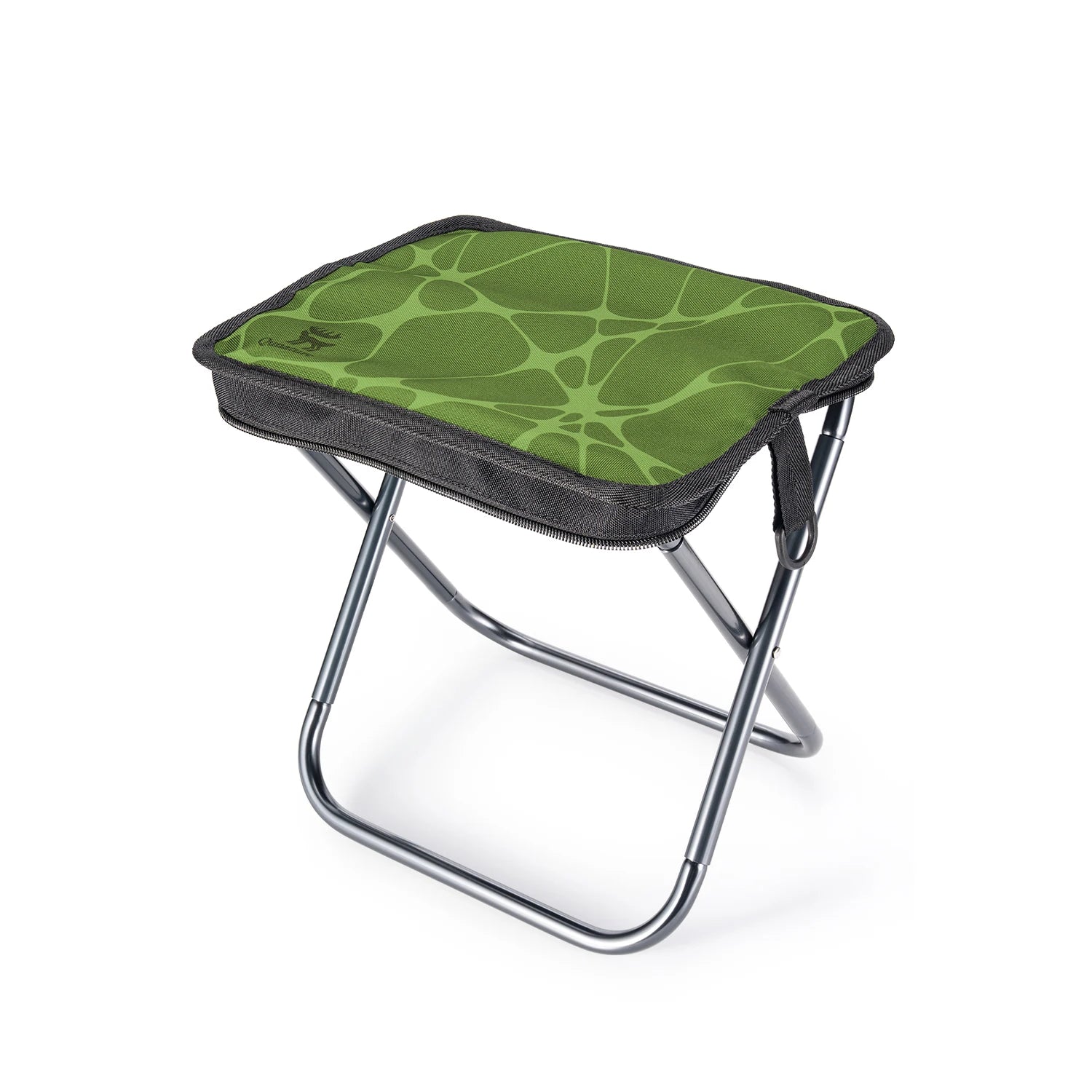 A compact folding camp stool with a green patterned cushion on a silver metal frame, shown on a white background.