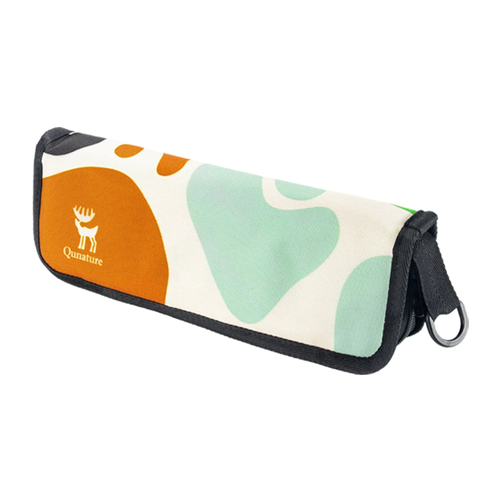 A rectangular soft pouch with an abstract organic pattern in orange, mint green, and cream, featuring a black trim, a black strap, and a silver metal ring. The brand name 'Qunature' with a deer logo is printed on the orange section.