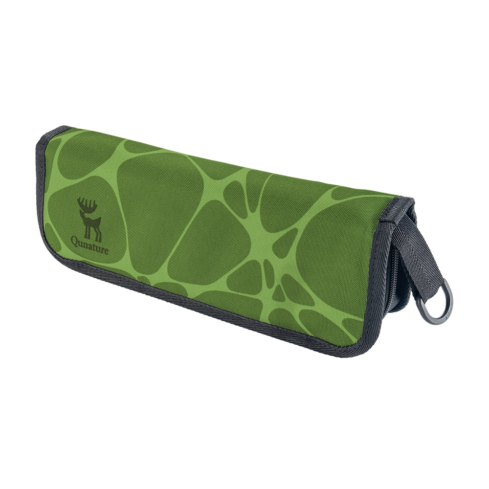 A green and light green patterned roll-up pouch with black trim and a black strap, featuring the Qunature logo on the front, set against a plain white background.