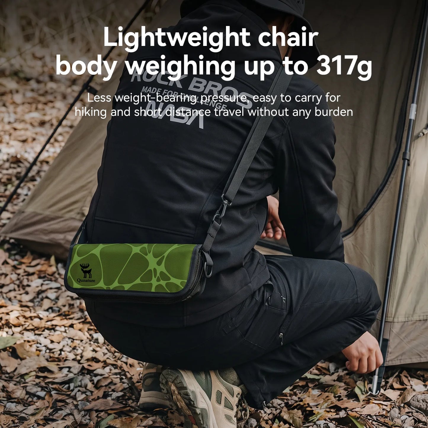 A person crouching outdoors in front of a tent, wearing a black jacket and pants while carrying a green patterned crossbody bag across their chest. White text at the top reads 'Lightweight chair body weighing up to 317g' with additional descriptive copy.