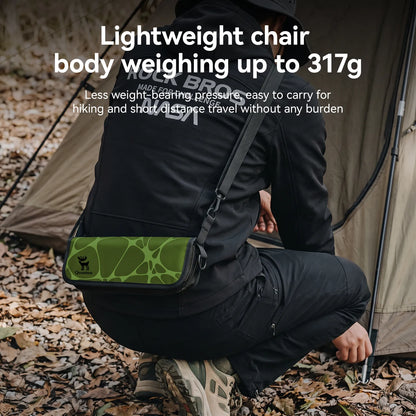 A person crouching outdoors in front of a tent, wearing a black jacket and pants while carrying a green patterned crossbody bag across their chest. White text at the top reads 'Lightweight chair body weighing up to 317g' with additional descriptive copy.