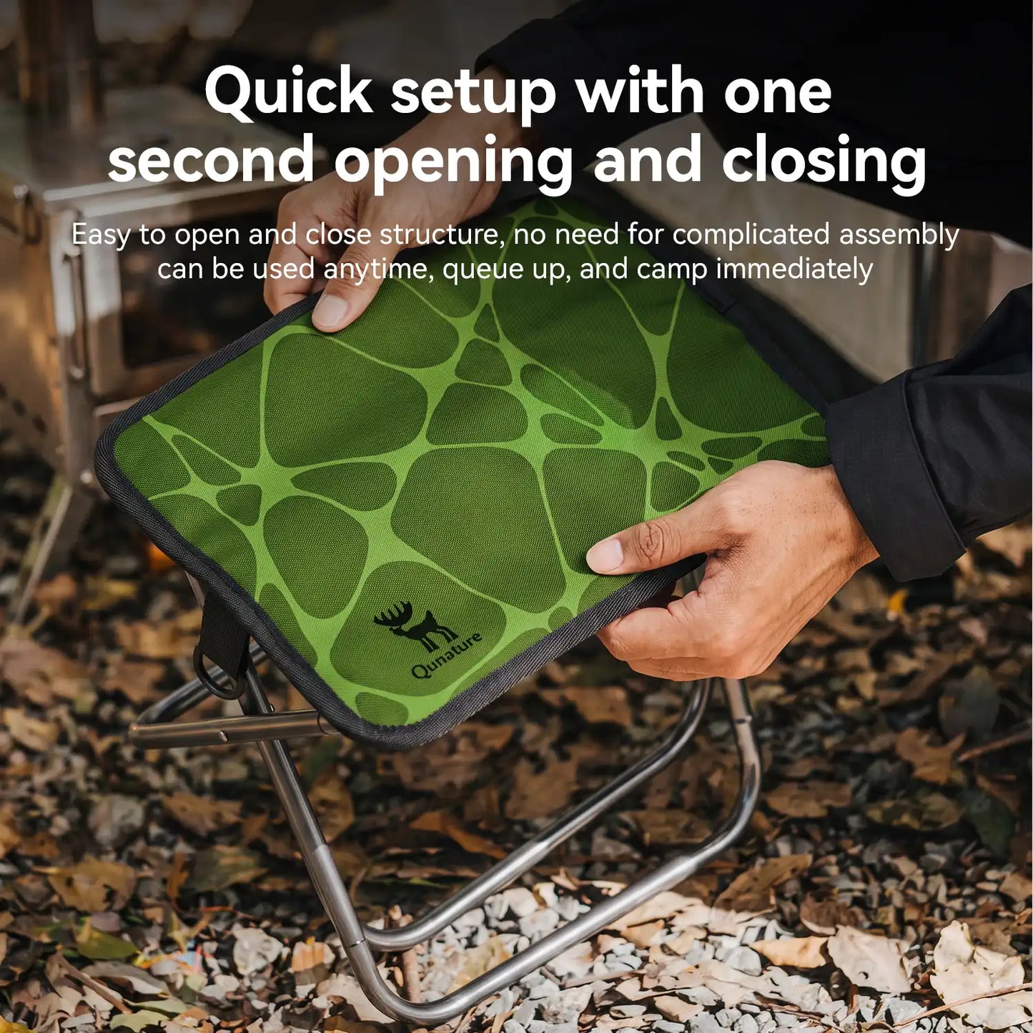 A person holds a green patterned camping stool with a metal frame outdoors on a ground covered in dry leaves. White text at the top describes quick setup and ease of use.