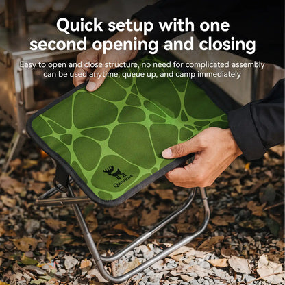 A person holds a green patterned camping stool with a metal frame outdoors on a ground covered in dry leaves. White text at the top describes quick setup and ease of use.