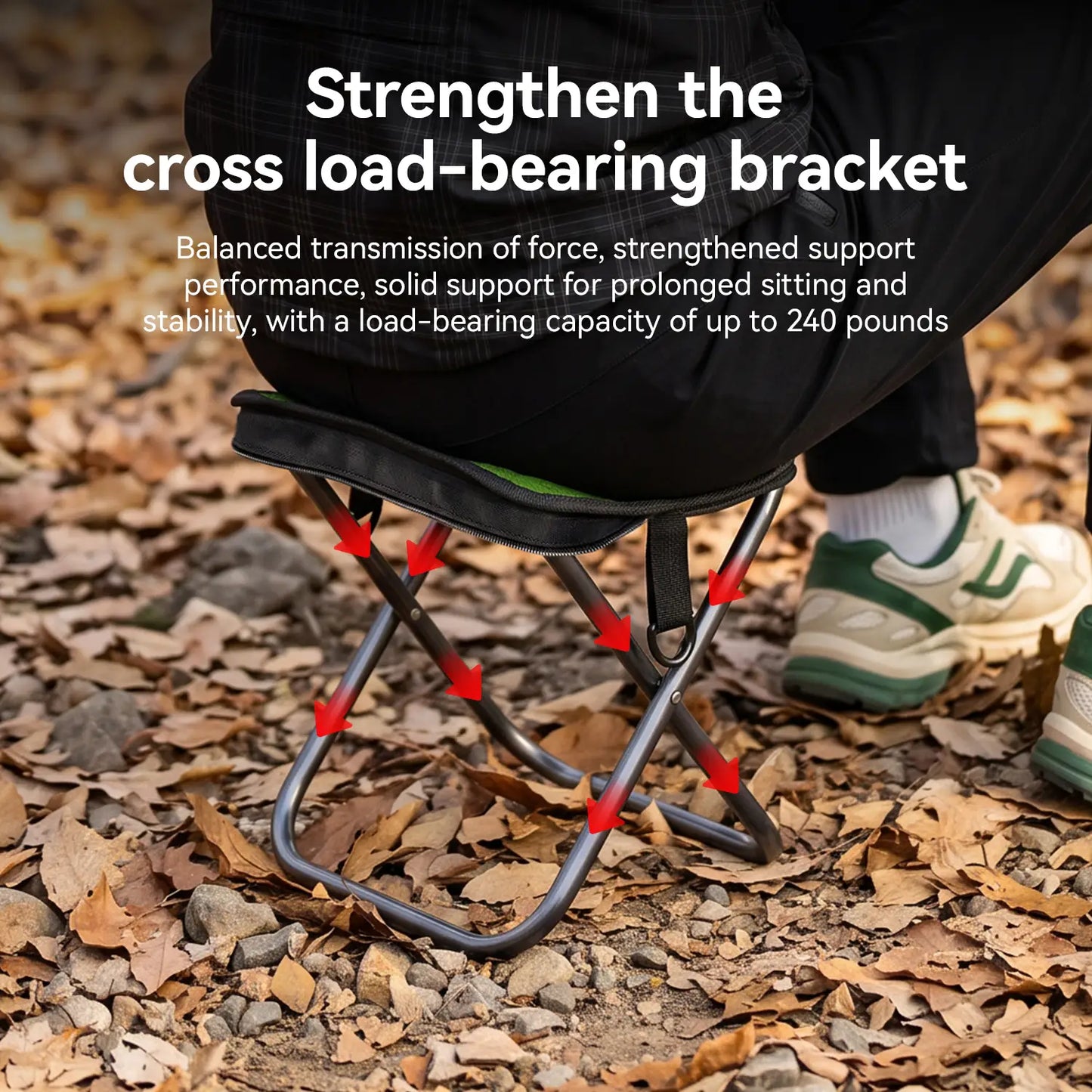 A close-up outdoor shot of a person sitting on a small folding camp stool on a ground covered with dry leaves. The image includes text reading 'Strengthen the cross load-bearing bracket' and red arrows highlighting the metal support structure of the stool.