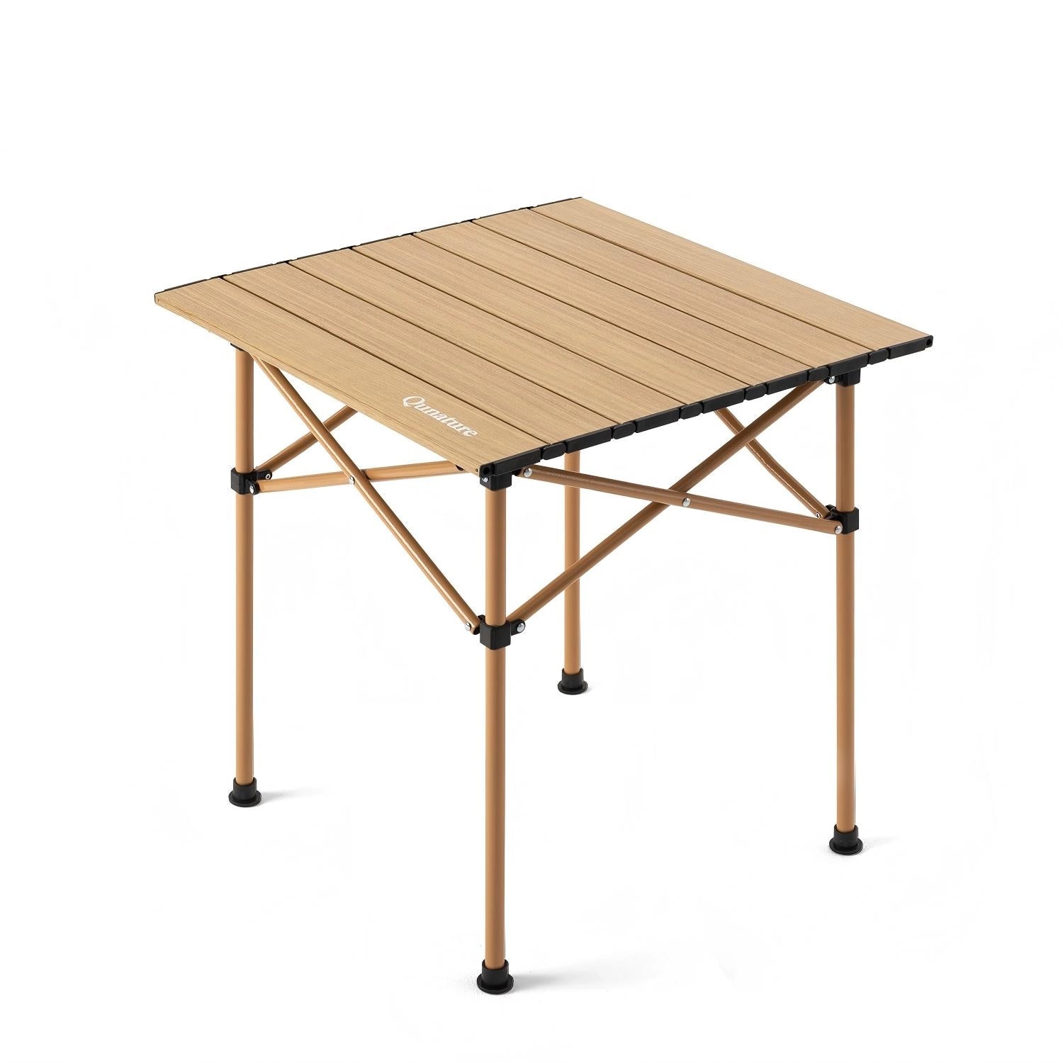 Portable folding table with wooden surface on a white background