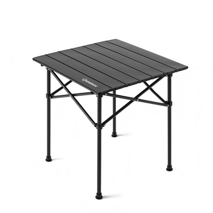 Black folding camping table on a white background