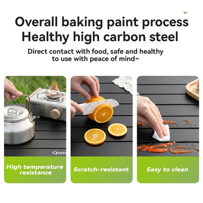 Three images showing the benefits of healthy high carbon steel, including high temperature resistance, scratch-resistance, and ease of cleaning.