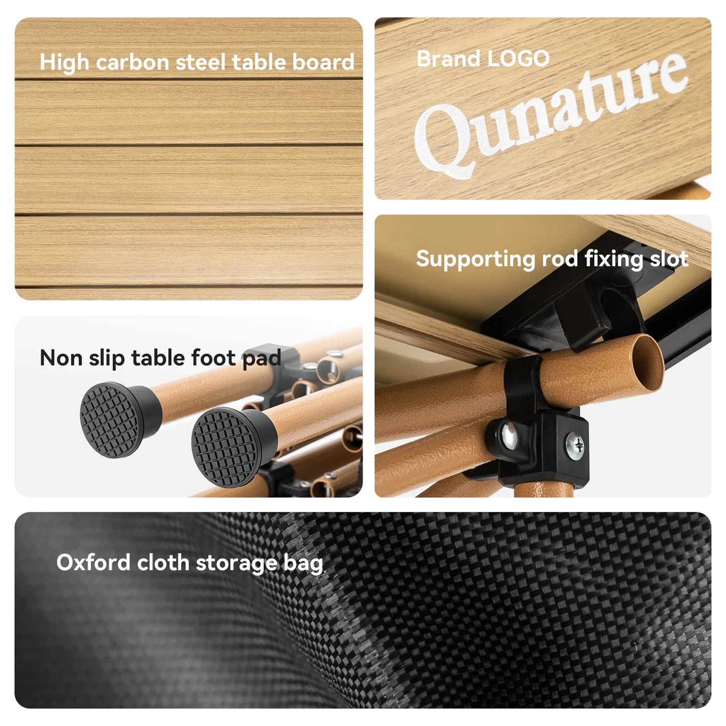 Collage of features including high carbon steel table board, brand logo, supporting rod fixing slot, non-slip table foot pad, and Oxford cloth storage bag.