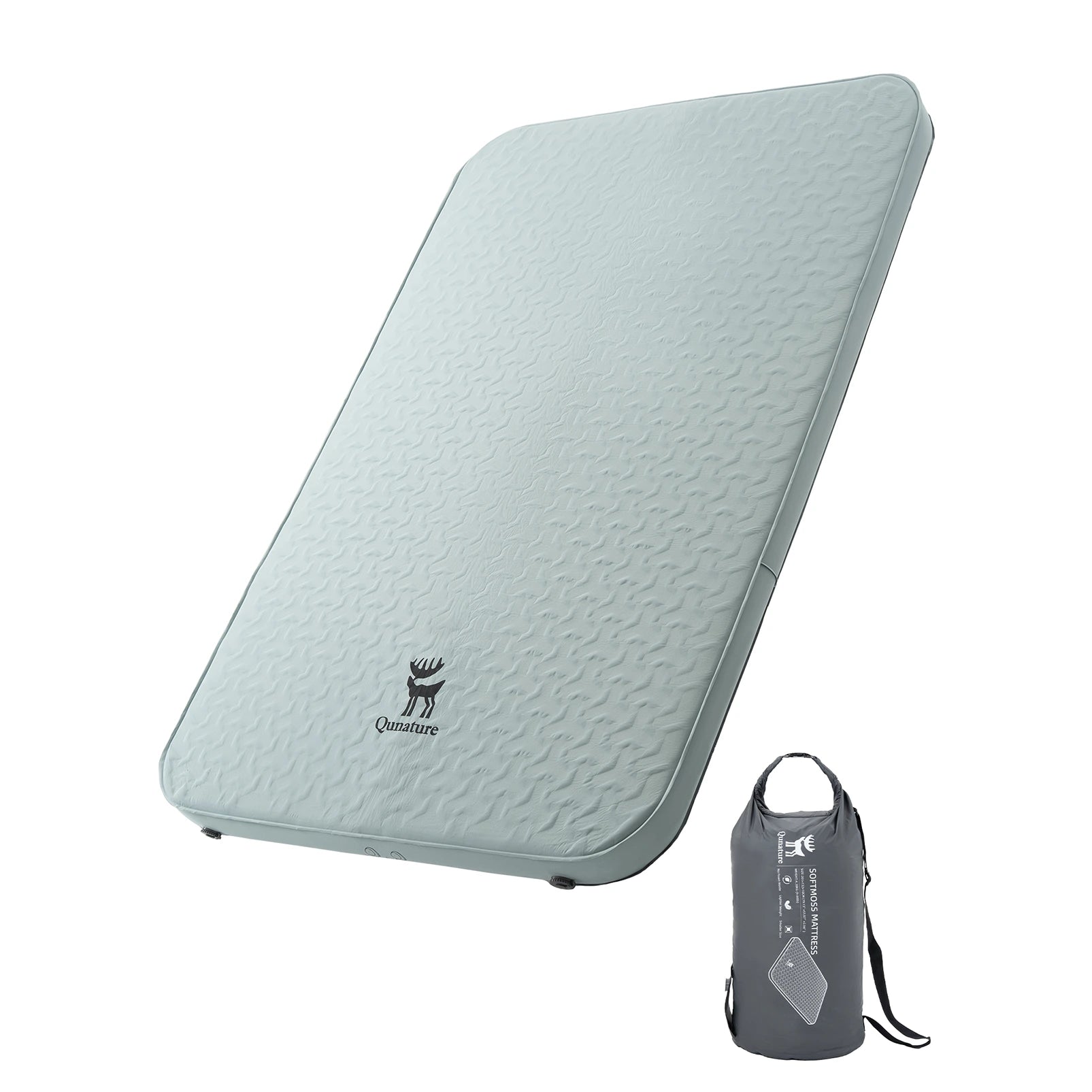 Light green camping mattress with a carrying bag on a white background