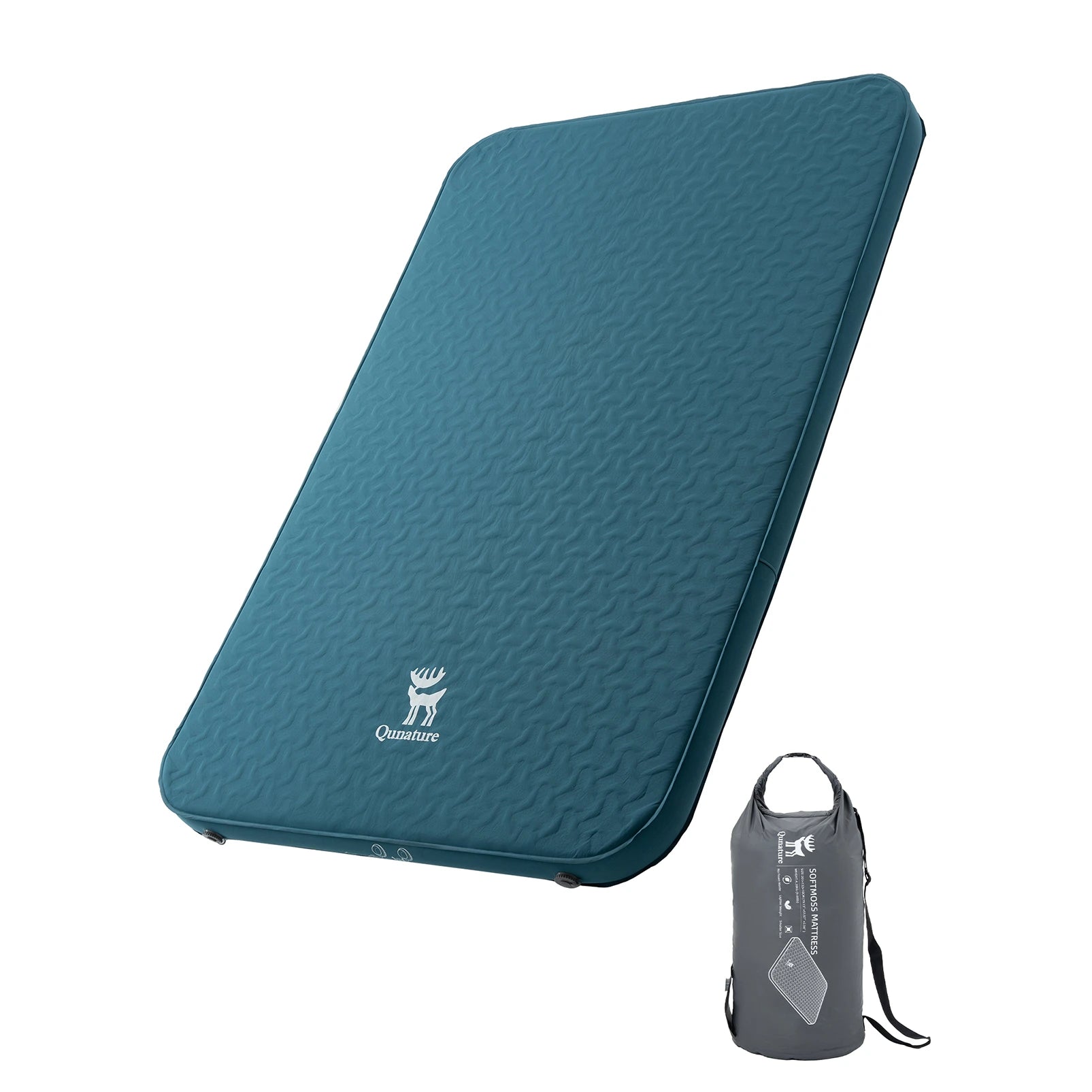 Blue camping mat with a logo on a white background