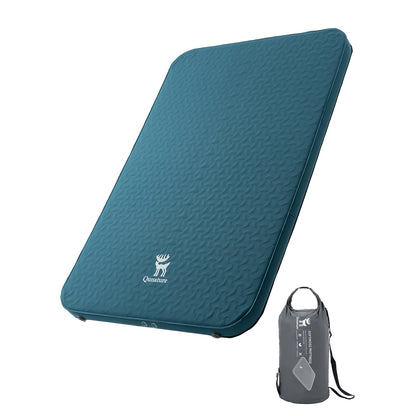 Blue camping mat with a logo on a white background