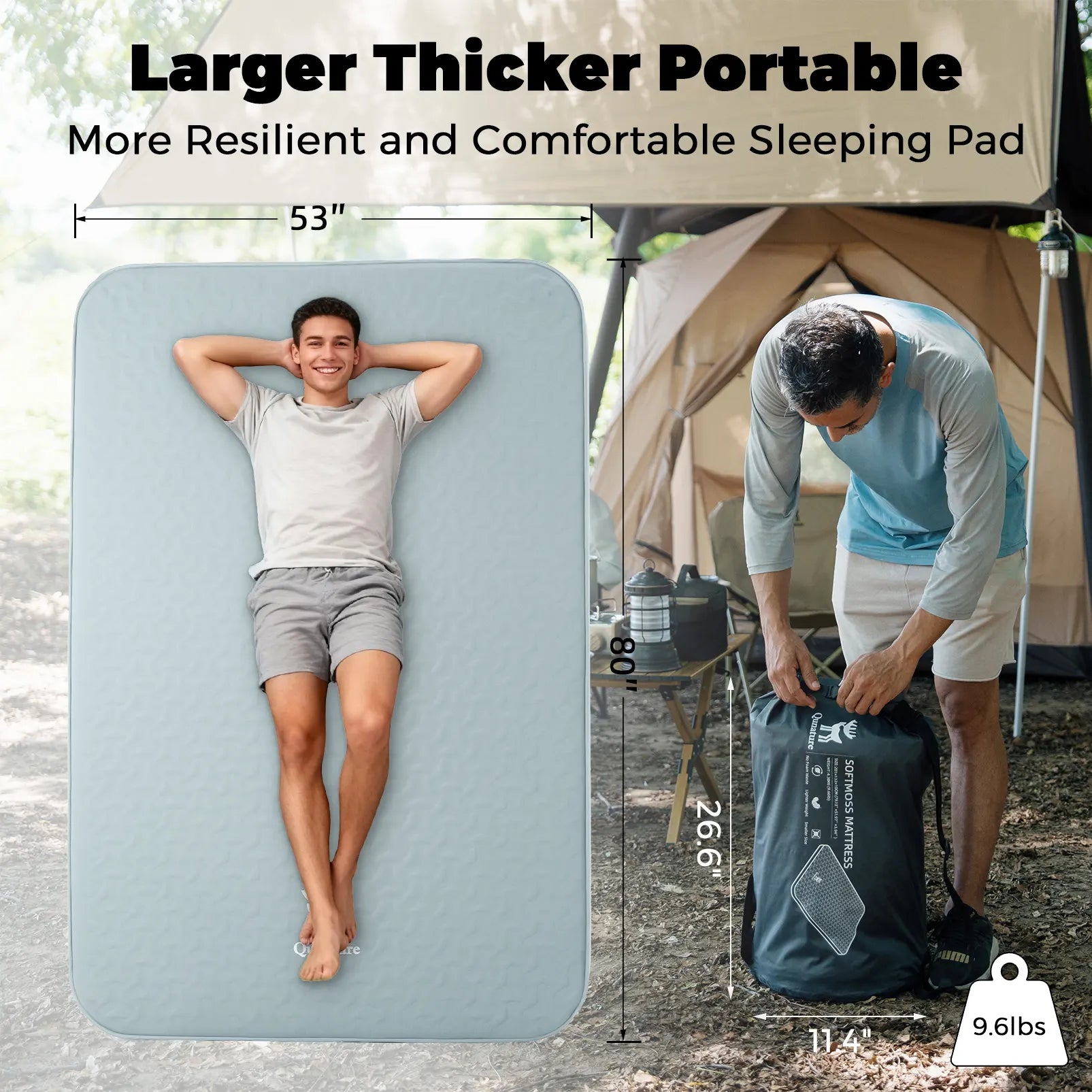 Portable sleeping pad with a person lying on it and another person packing it into a bag, with camping equipment in the background.