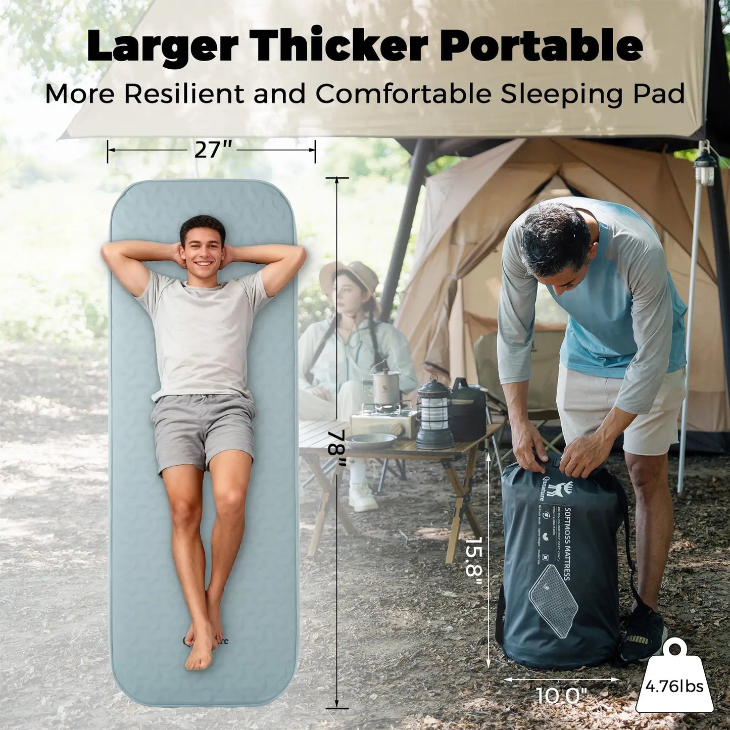 Portable sleeping pad with dimensions, shown being used by a person and packed by another, with camping scene in the background.