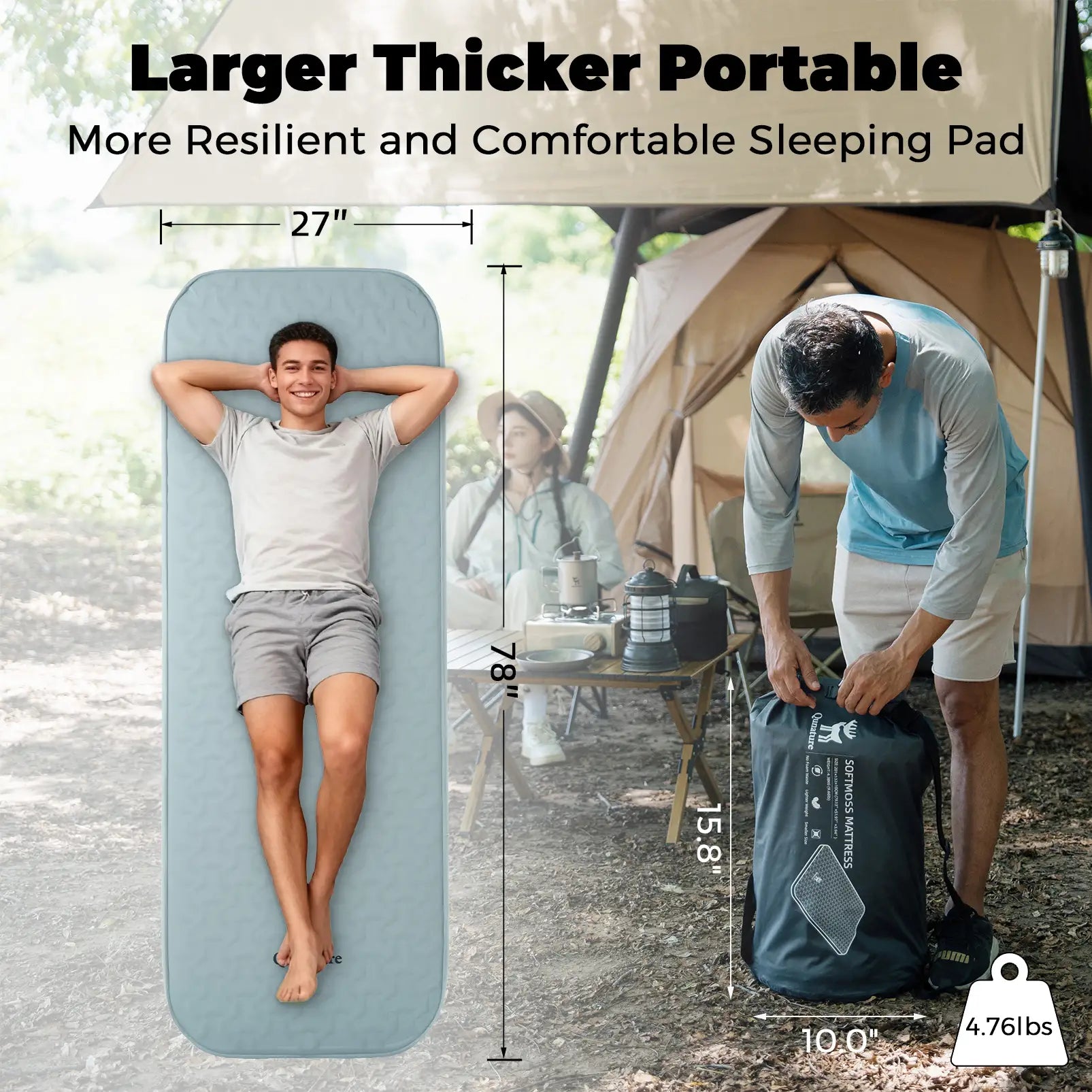 Portable sleeping pad with dimensions, shown being used by a person and packed by another, with camping scene in the background.