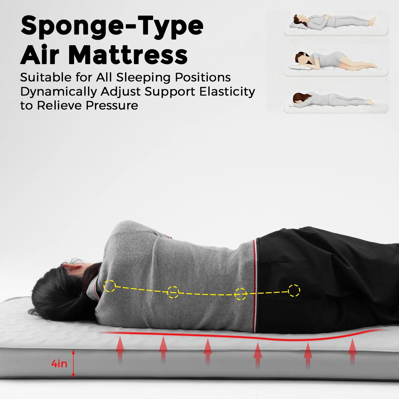 Sponge-type air mattress with a person lying on it, showing dynamic support elasticity.