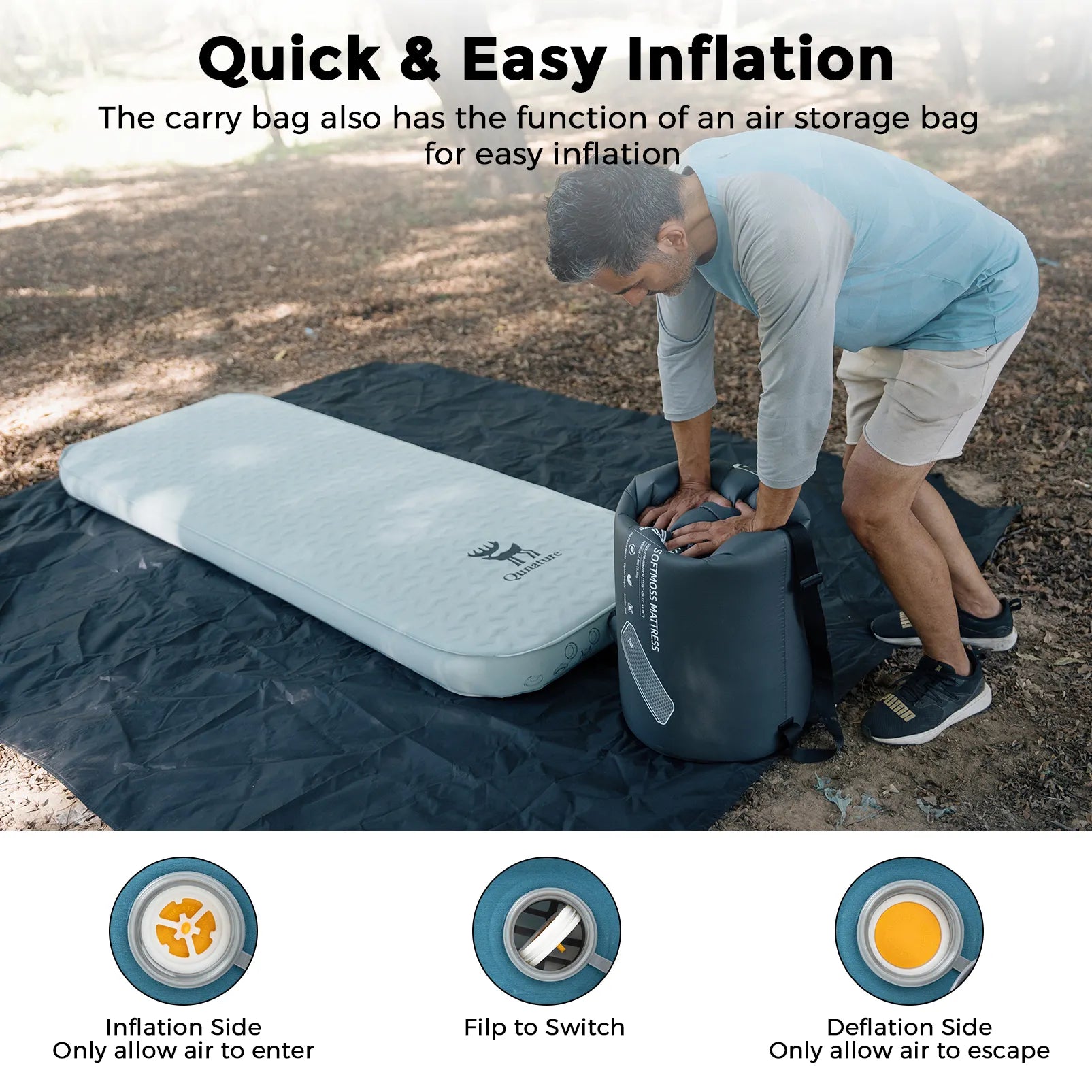 Person inflating an air mattress with a carry bag, featuring text on quick inflation and air storage.