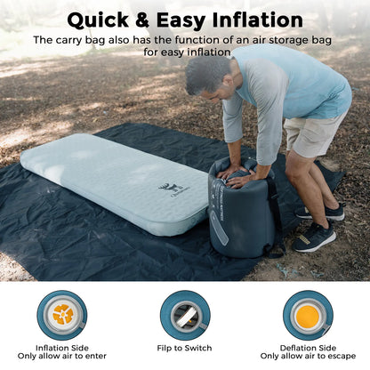 Person inflating an air mattress with a carry bag, featuring text on quick inflation and air storage.