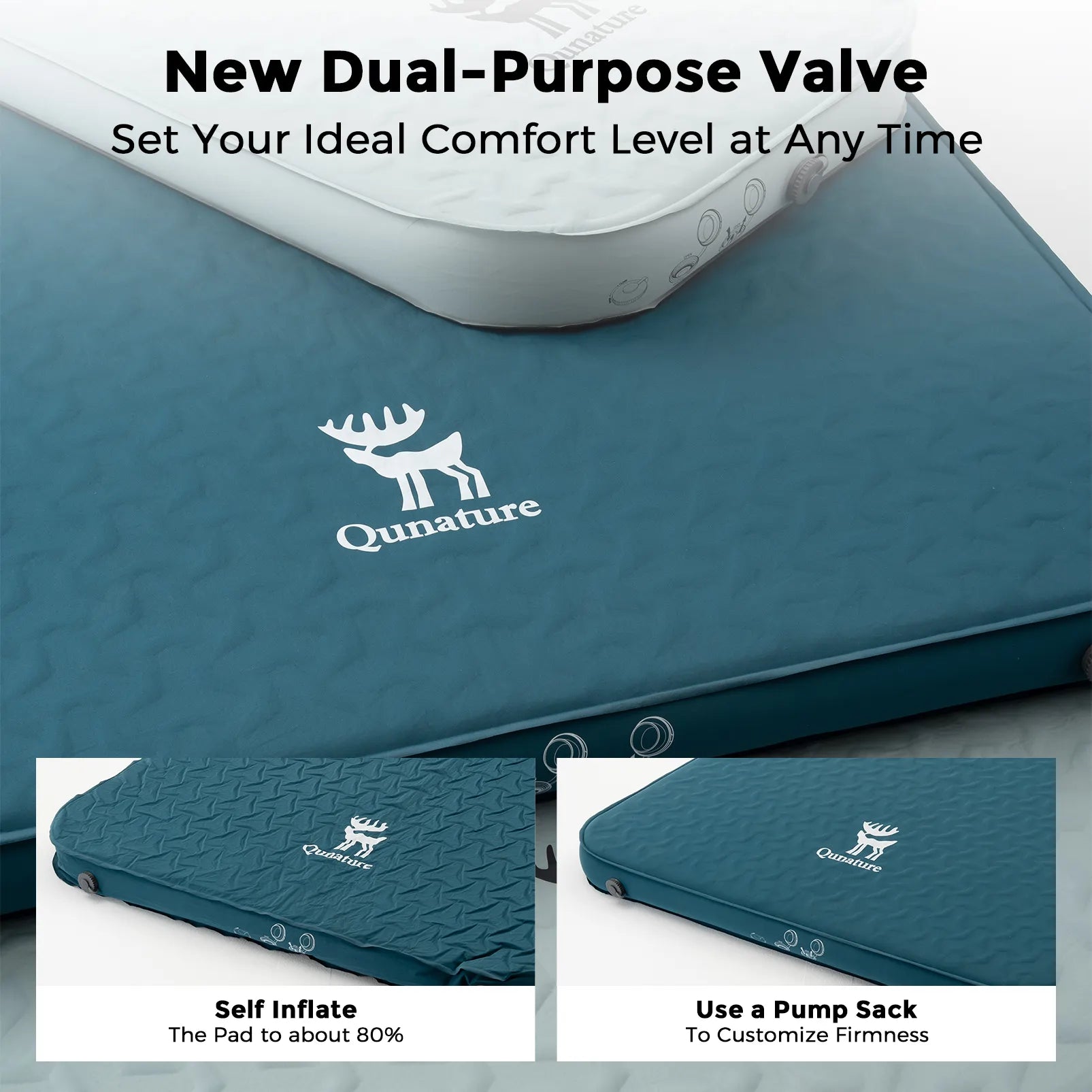 Blue sleeping pad with Qunature logo, featuring text about a new dual-purpose valve.