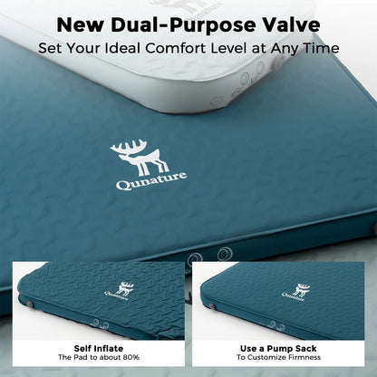 Blue sleeping pad with Qunature logo, featuring text about a new dual-purpose valve.