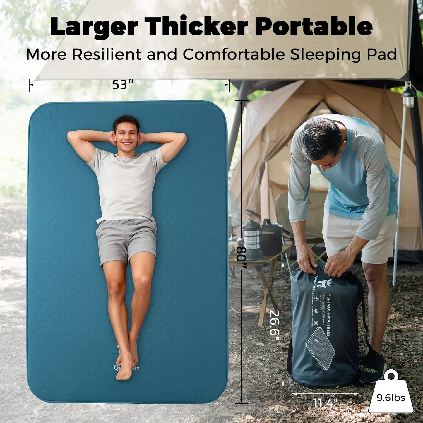 Portable sleeping pad with a person lying on it and another person packing it into a bag, with camping equipment in the background.
