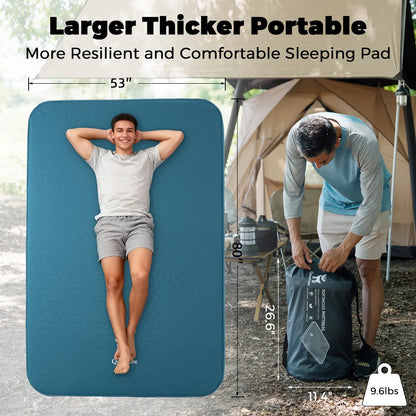 Portable sleeping pad with a person lying on it and another person packing it into a bag, with camping equipment in the background.