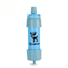 Blue water bottle with Qunature logo on a white background