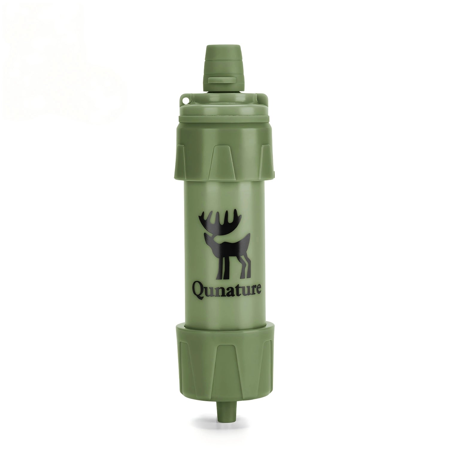 Green water bottle with Qunature logo on a white background
