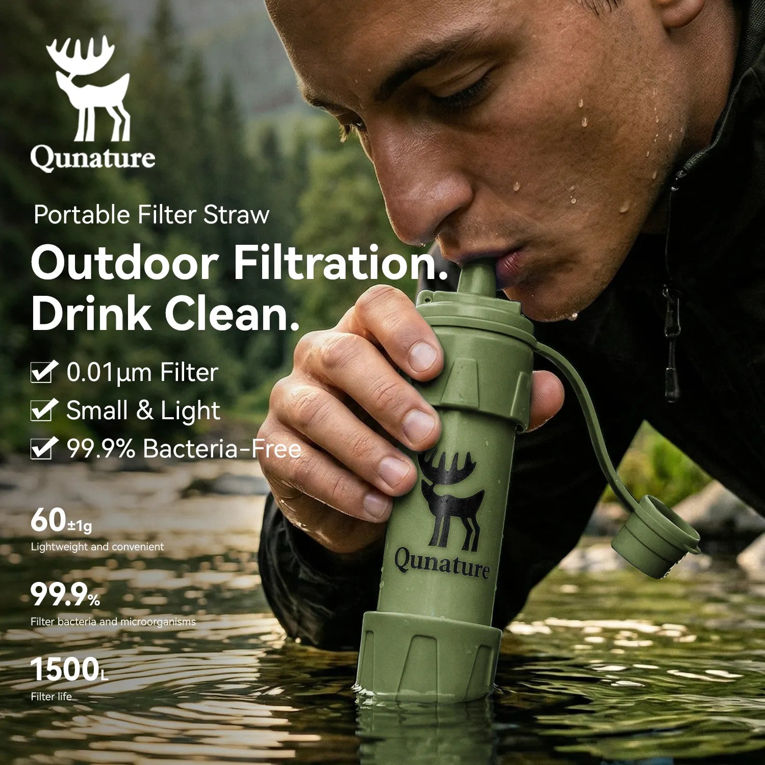 Person using a Qunature portable filter straw to drink clean water outdoors.
