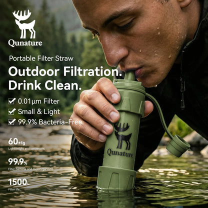 Person using a Qunature portable filter straw to drink clean water outdoors.