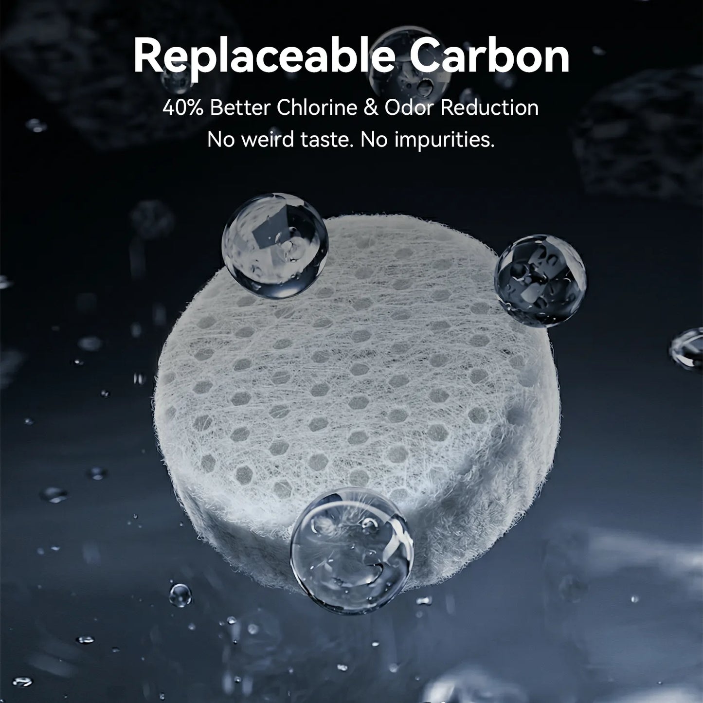 Replaceable carbon filter with water droplets on a dark background