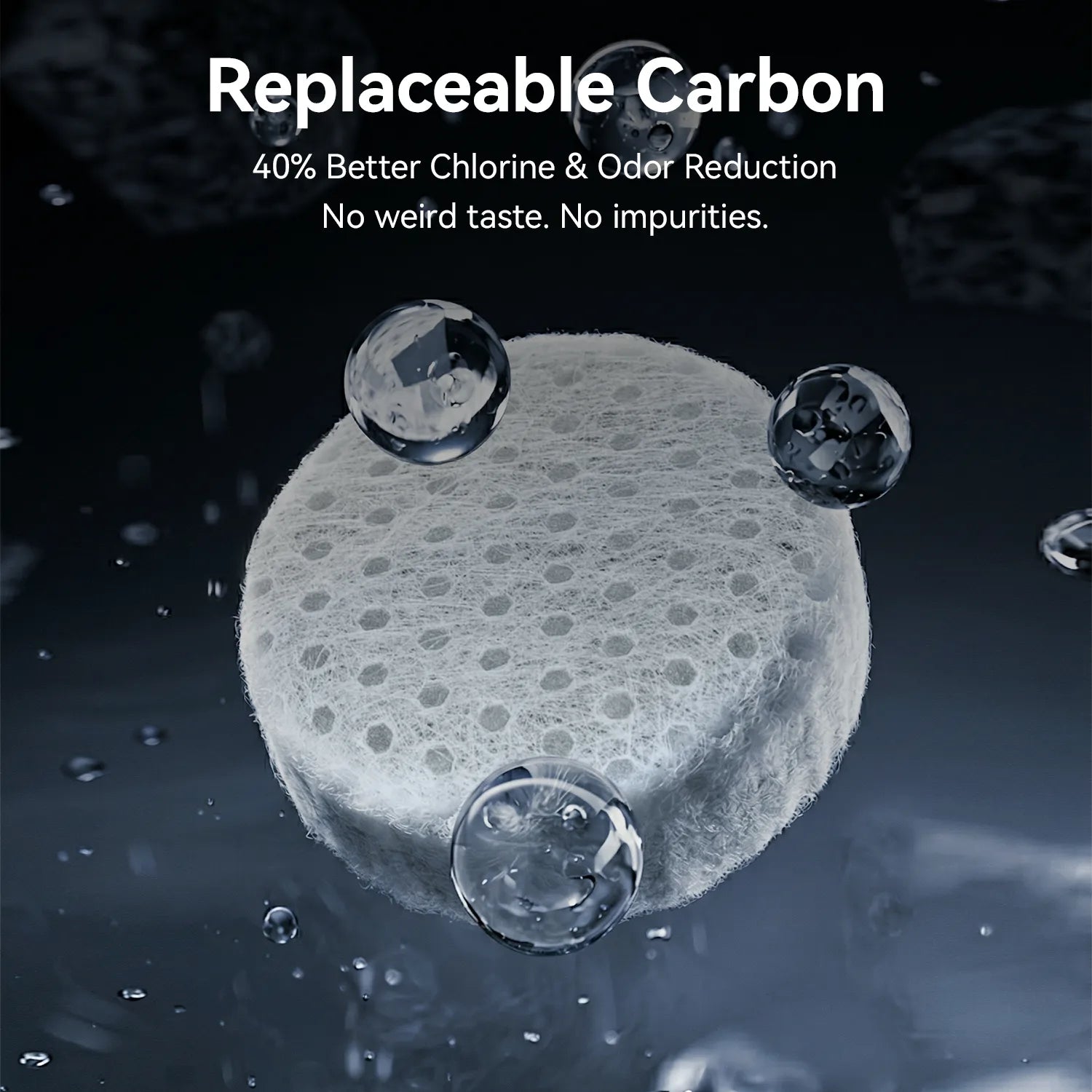 Replaceable carbon filter with water droplets on a dark background