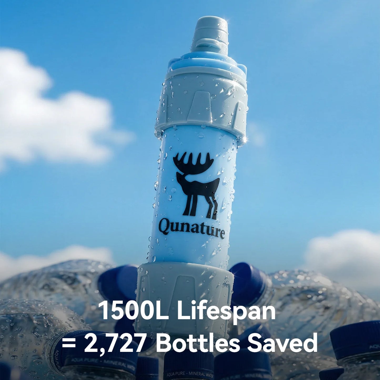 Qunature water bottle with mountain background and sustainability text