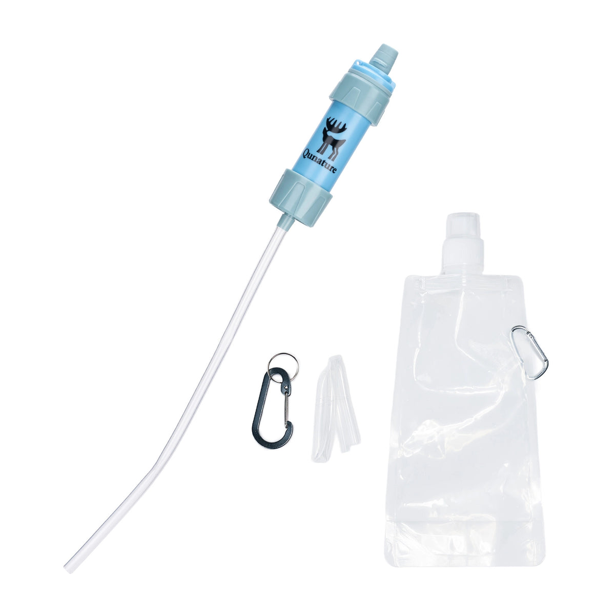 A portable water filter kit on a white background, including a light blue and gray filter cartridge with a clear straw, a clear collapsible water pouch with a carabiner, and two clear plastic straw pieces.