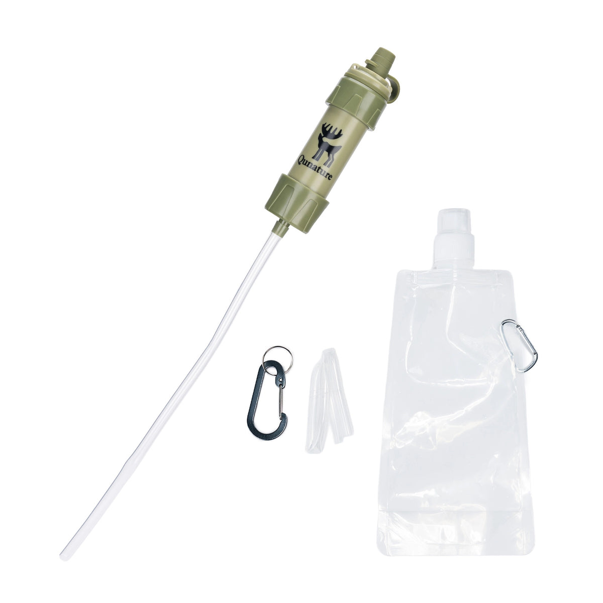 Outdoor water filtration kit featuring an olive green canister with a clear tube, a clear collapsible pouch, a black carabiner, and two clear plastic straw inserts, displayed on a solid white background.