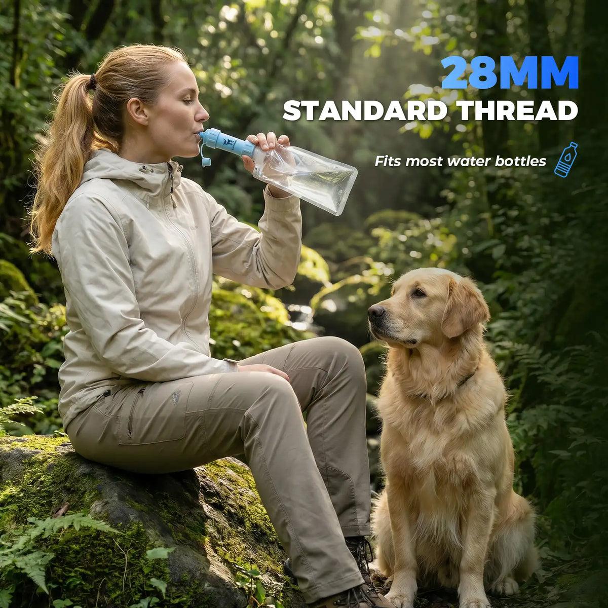 A woman in outdoor gear sits on a mossy rock in a forest while drinking from a clear water bottle with a blue cap. A golden retriever sits beside her.