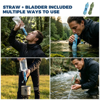 A four-panel lifestyle collage showing a man outdoors using a portable water filter straw and bladder system in different camping scenarios: drinking from a stream, filtering water, pouring collected water into a pot, and holding the device in a river. The top features text reading 'STRAW + BLADDER INCLUDED' and 'MULTIPLE WAYS TO USE' with two small product renderings at the top right.