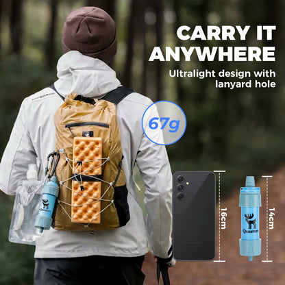 A person viewed from behind wearing a tan and black backpack with a water bottle and foam pad attached, standing in a forest. Large text reads 'CARRY IT ANYWHERE' and 'Ultralight design with lanyard hole,' with a '67g' badge and small product insets showing a phone and a water filter bottle with dimensions.