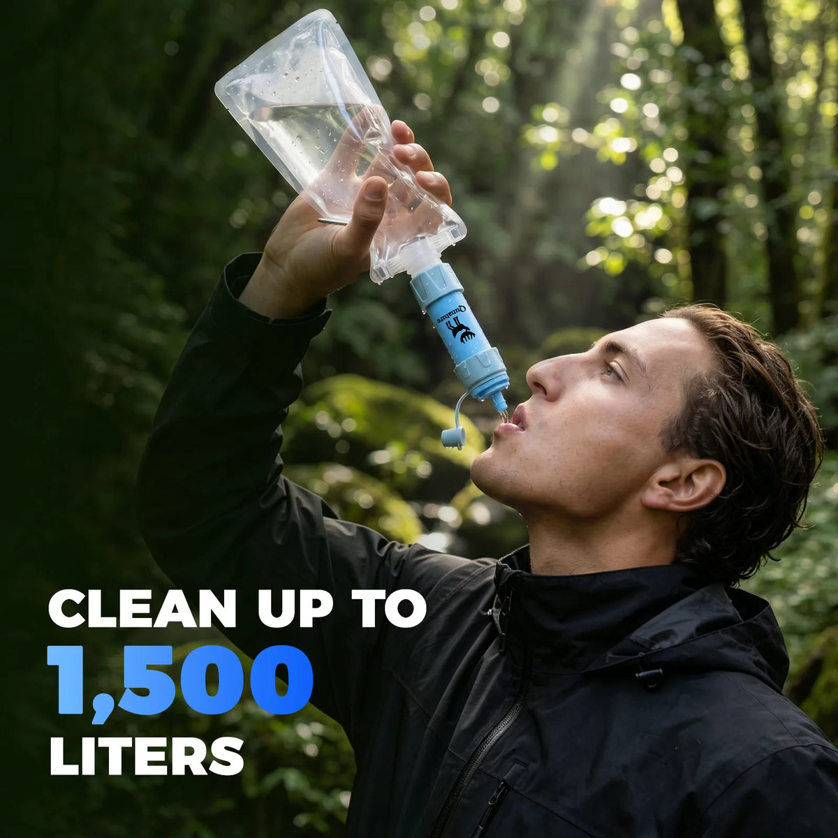 A man in a black jacket drinking from a clear water filter bottle with a blue cap, shown outdoors in a forest. Text overlay reads 'CLEAN UP TO 1,500 LITERS'.