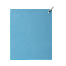A light blue rectangular towel with a small white brand tag in the top-right corner, shown flat against a solid white background.
