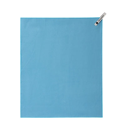 A light blue rectangular towel with a small white brand tag in the top-right corner, shown flat against a solid white background.