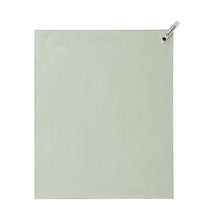 A light sage green rectangular towel or cloth with a small white brand tag in the top-right corner, shown flat against a plain white background.