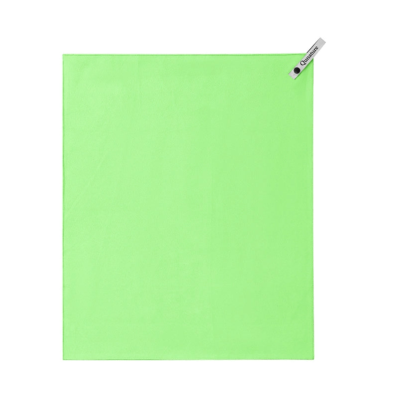 A bright lime green rectangular towel or mat with a small white brand tag in the top-right corner, shown flat against a plain white background.