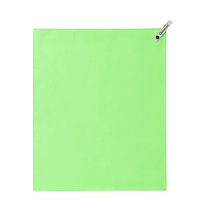 A bright lime green rectangular towel or mat with a small white brand tag in the top-right corner, shown flat against a plain white background.
