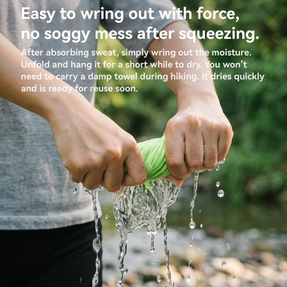 A person outdoors squeezing a bright green reusable towel or cloth with water dripping from it, with white marketing text overlaid at the top describing quick drying and wringing.