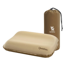 Beige camping pillow with carrying bag on a white background, featuring Qunature branding.