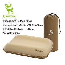Beige inflatable pillow with storage bag and Qunature branding on a white background