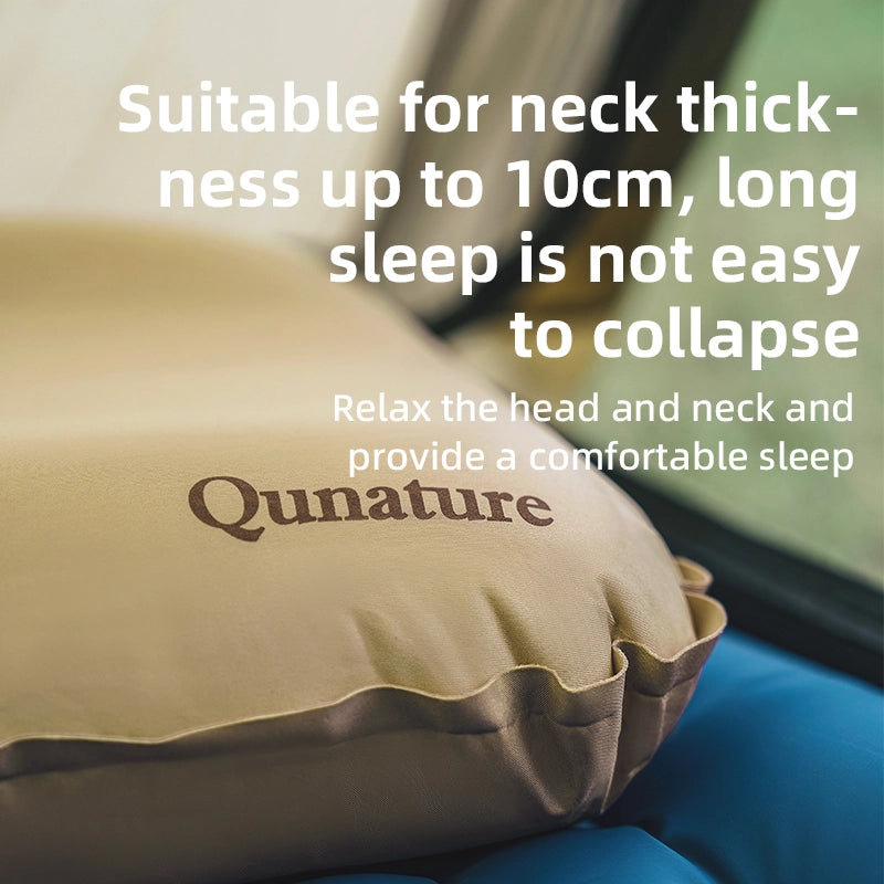 Qunature neck pillow with text on a car seat background