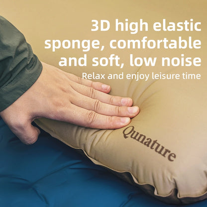 Inflatable pillow with a hand pressing on it, featuring the brand 'Qunature'.